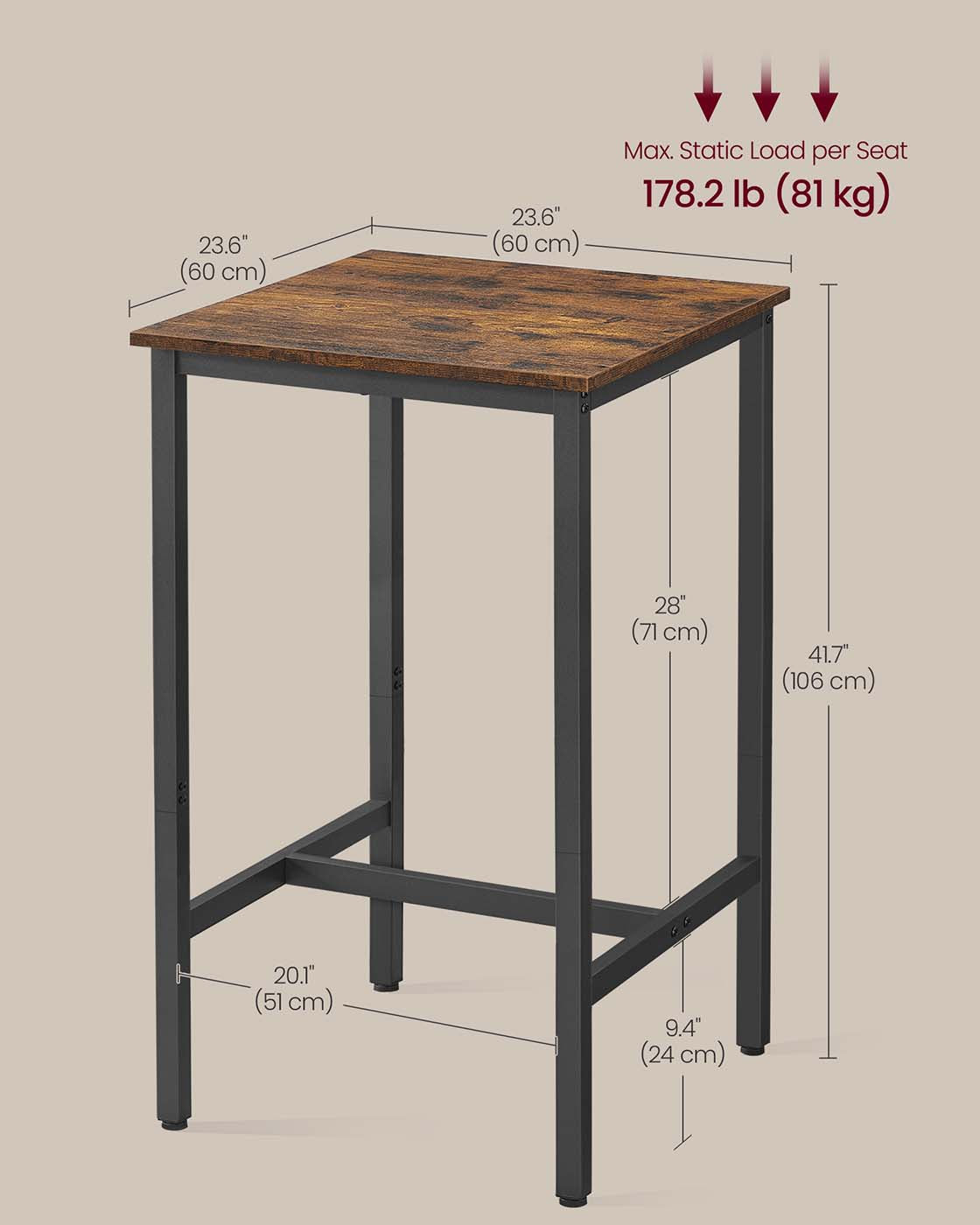 Square Tall Bar Table - Steel - Rustic Brown and Black