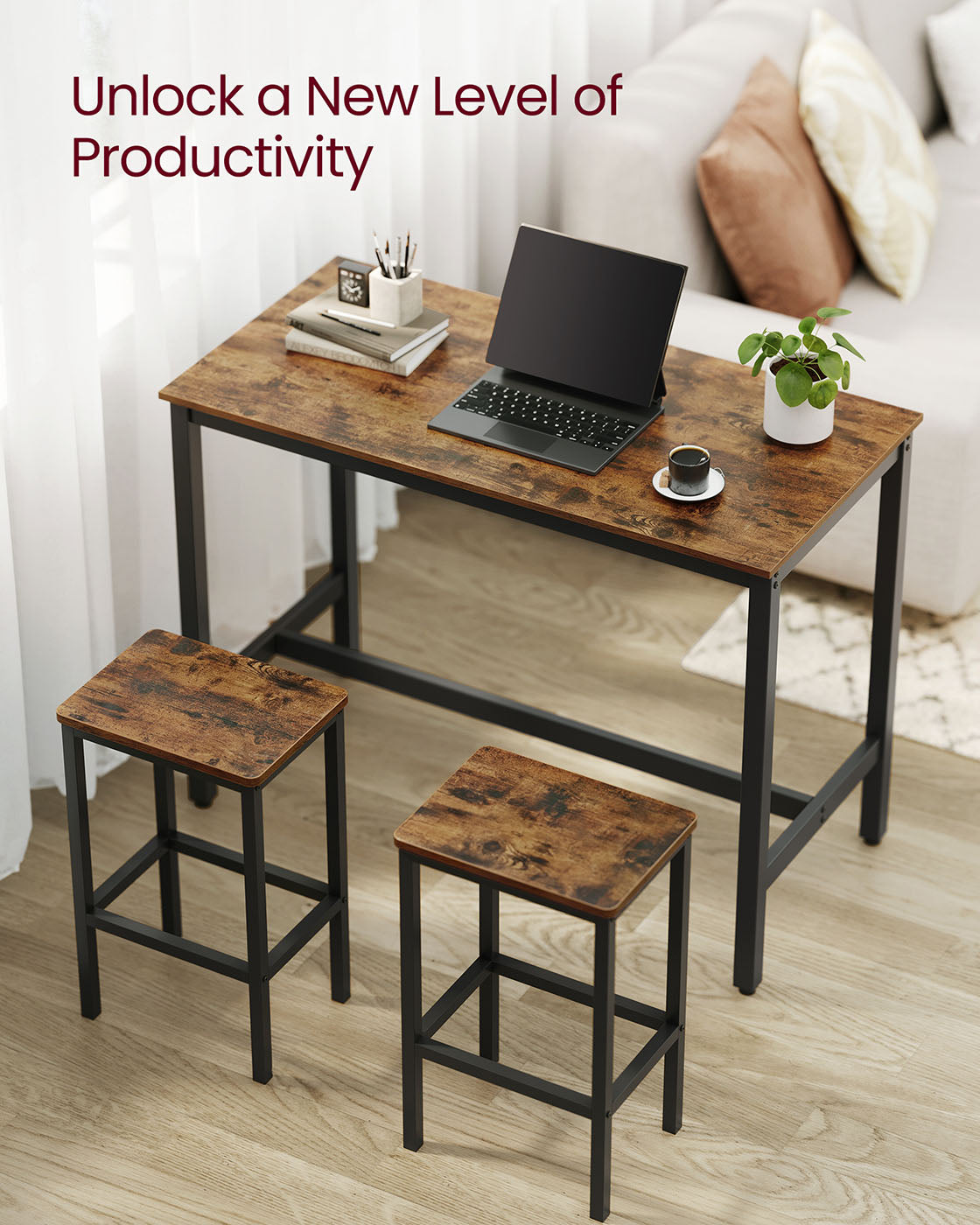 Bar Table Set - Includes 2 Bar Stools - Wood - Rustic Brown