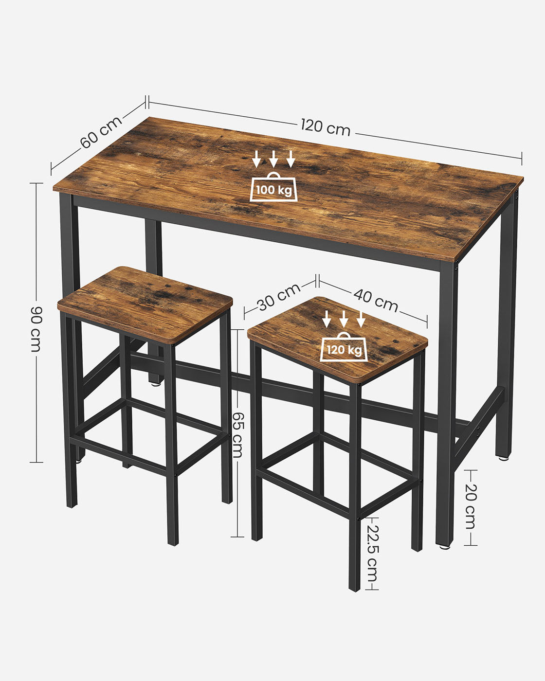 Bar Table Set - Includes 2 Bar Stools - Wood - Rustic Brown