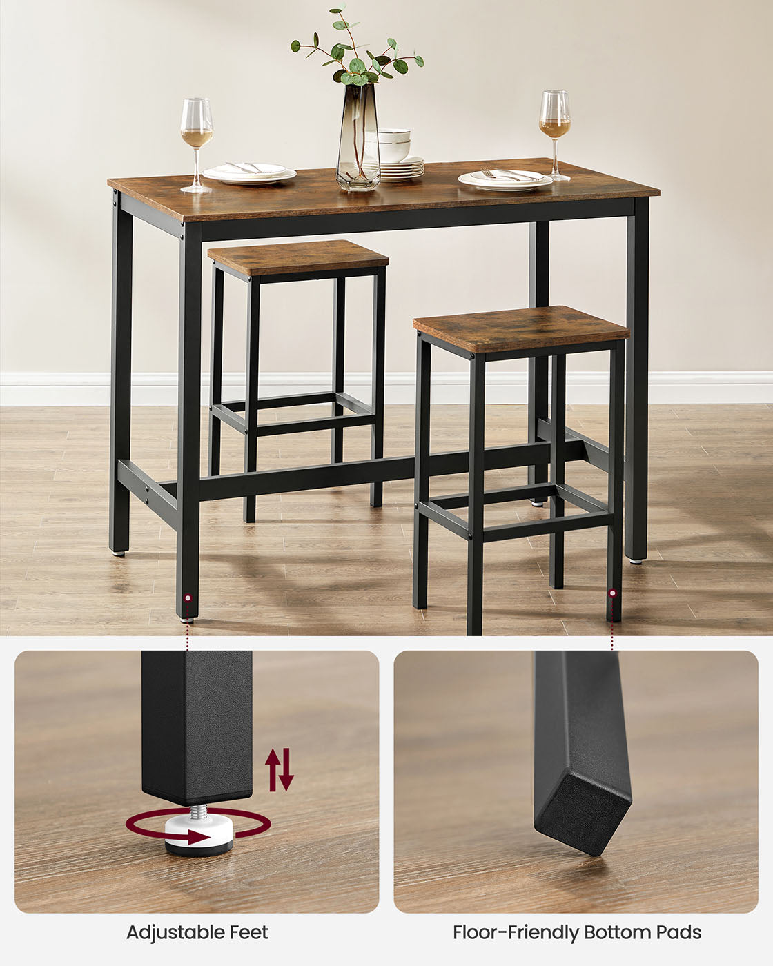 Bar Table Set - Includes 2 Bar Stools - Wood - Rustic Brown