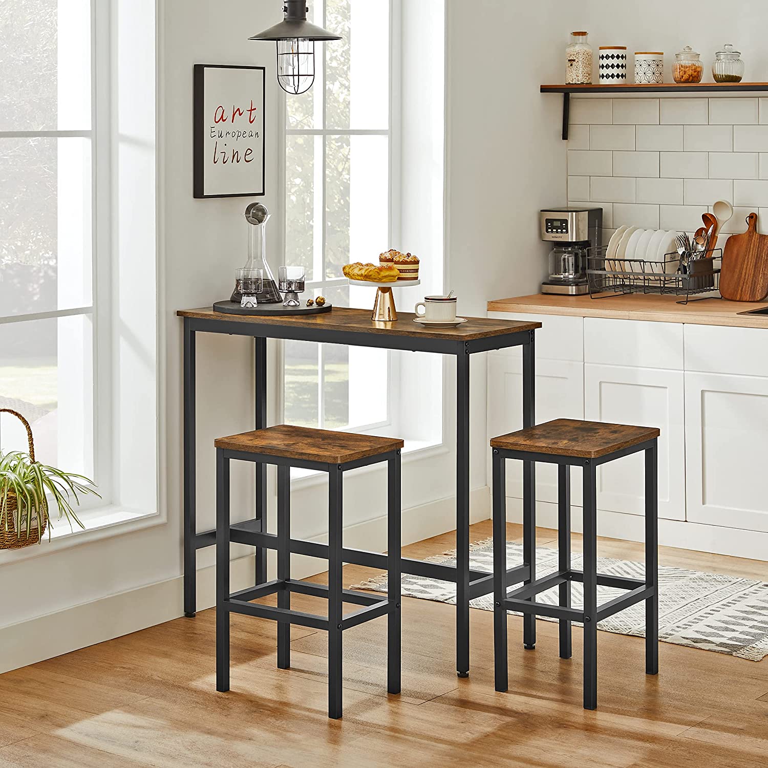Bar Table Set - Includes 2 Stools - Steel - Rustic Brown and Black