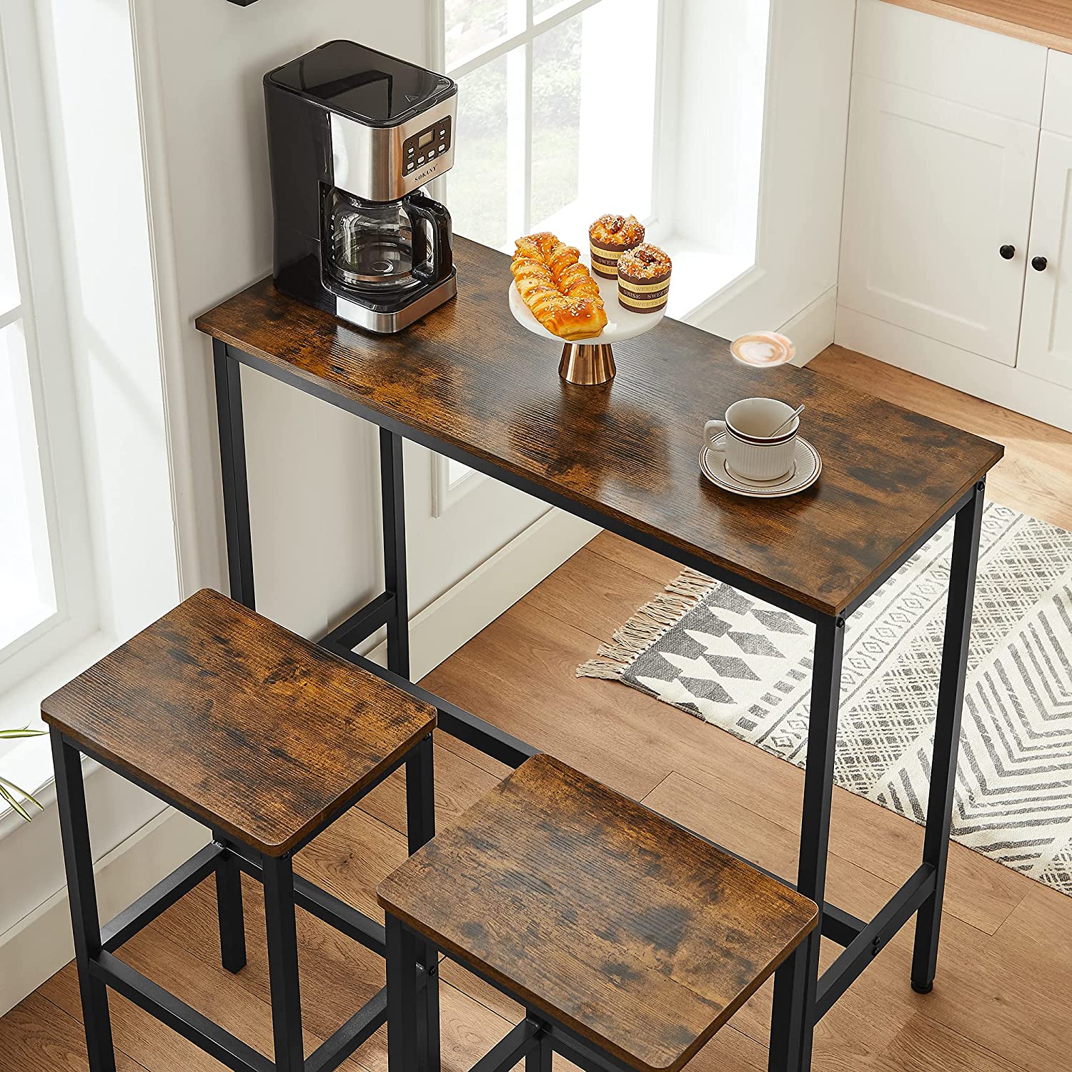 Bar Table Set - Includes 2 Stools - Steel - Rustic Brown and Black