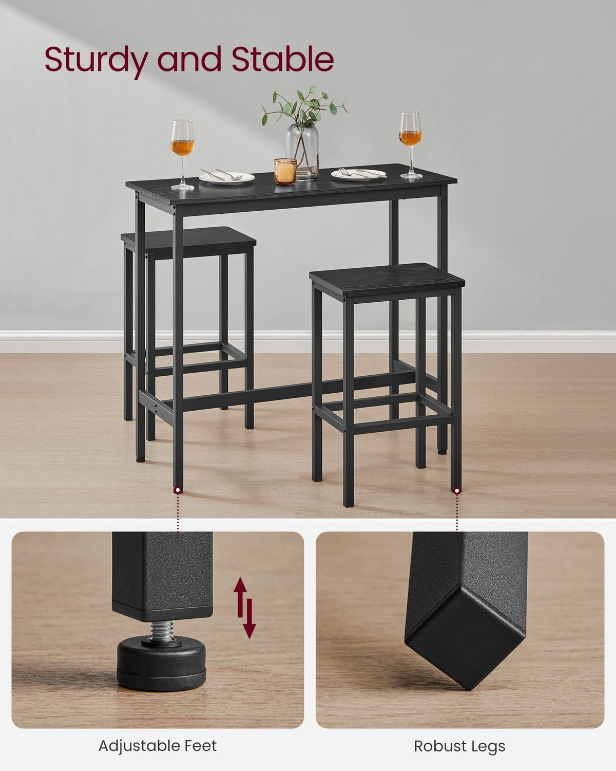 Dining Table Set - Steel Frame - Ebony Black - Includes Bar Table and 2 Stools