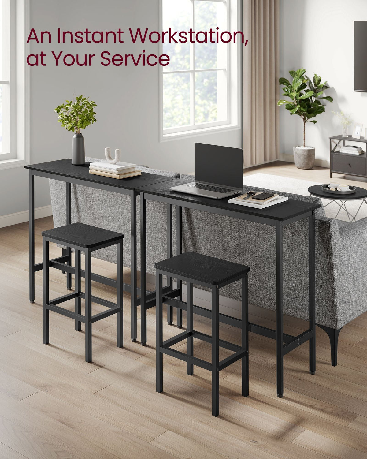 Dining Table Set - Steel Frame - Ebony Black - Includes Bar Table and 2 Stools