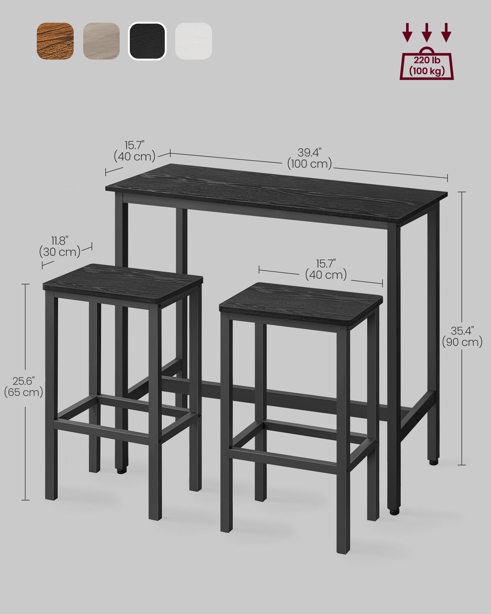 Dining Table Set - Steel Frame - Ebony Black - Includes Bar Table and 2 Stools