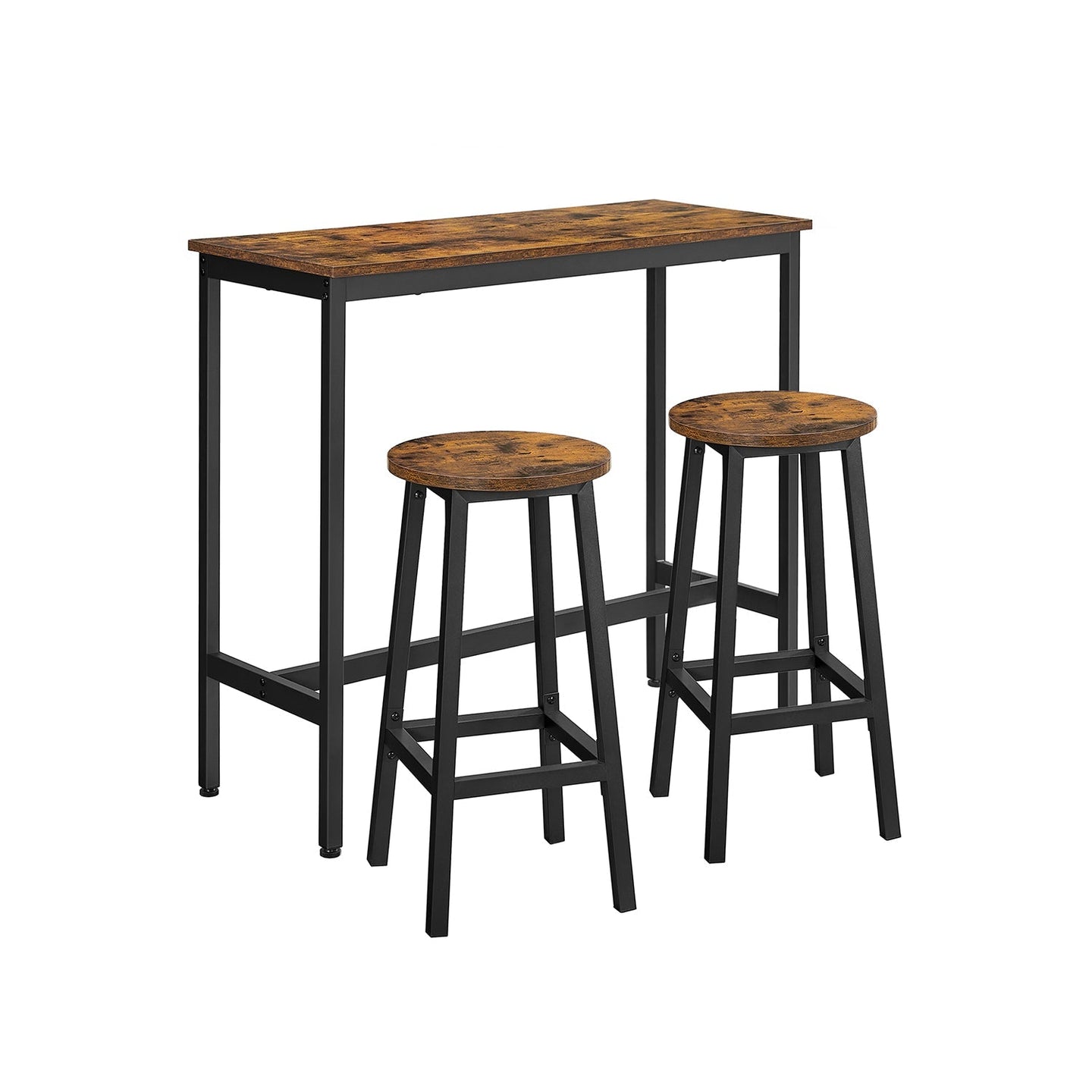 Bar Table Set - Industrial Steel Frame - Rustic Brown and Black - Includes Two Bar Stools