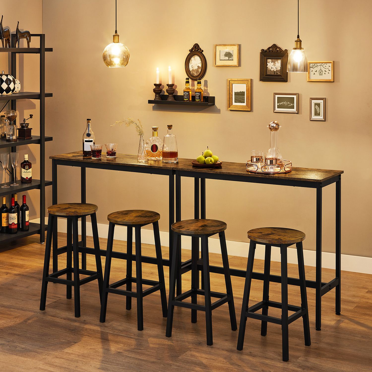 Bar Table Set - Industrial Steel Frame - Rustic Brown and Black - Includes Two Bar Stools