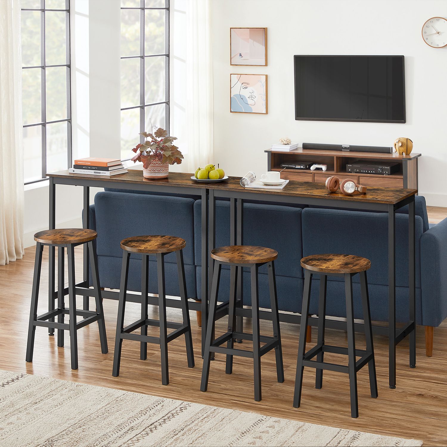Bar Table Set - Industrial Steel Frame - Rustic Brown and Black - Includes Two Bar Stools