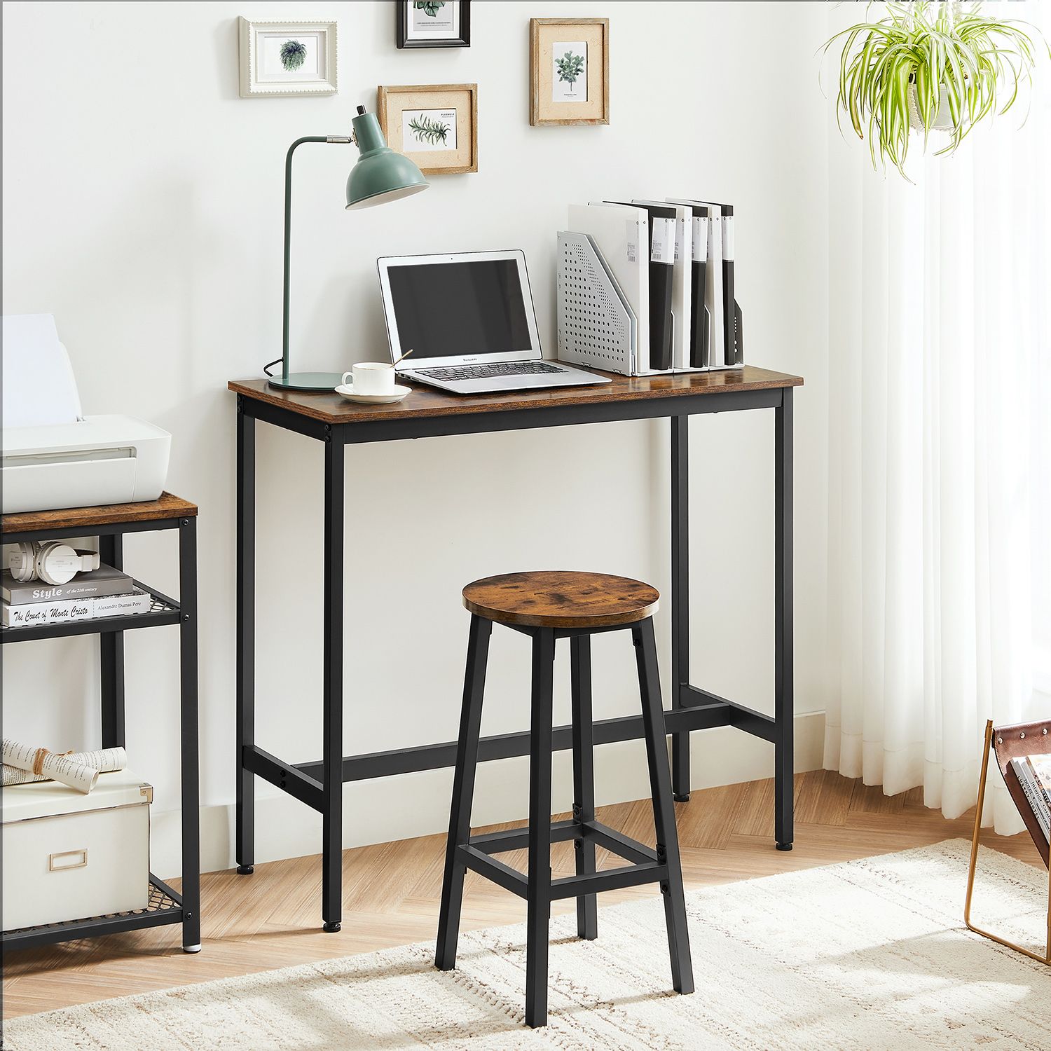Bar Table Set - Industrial Steel Frame - Rustic Brown and Black - Includes Two Bar Stools