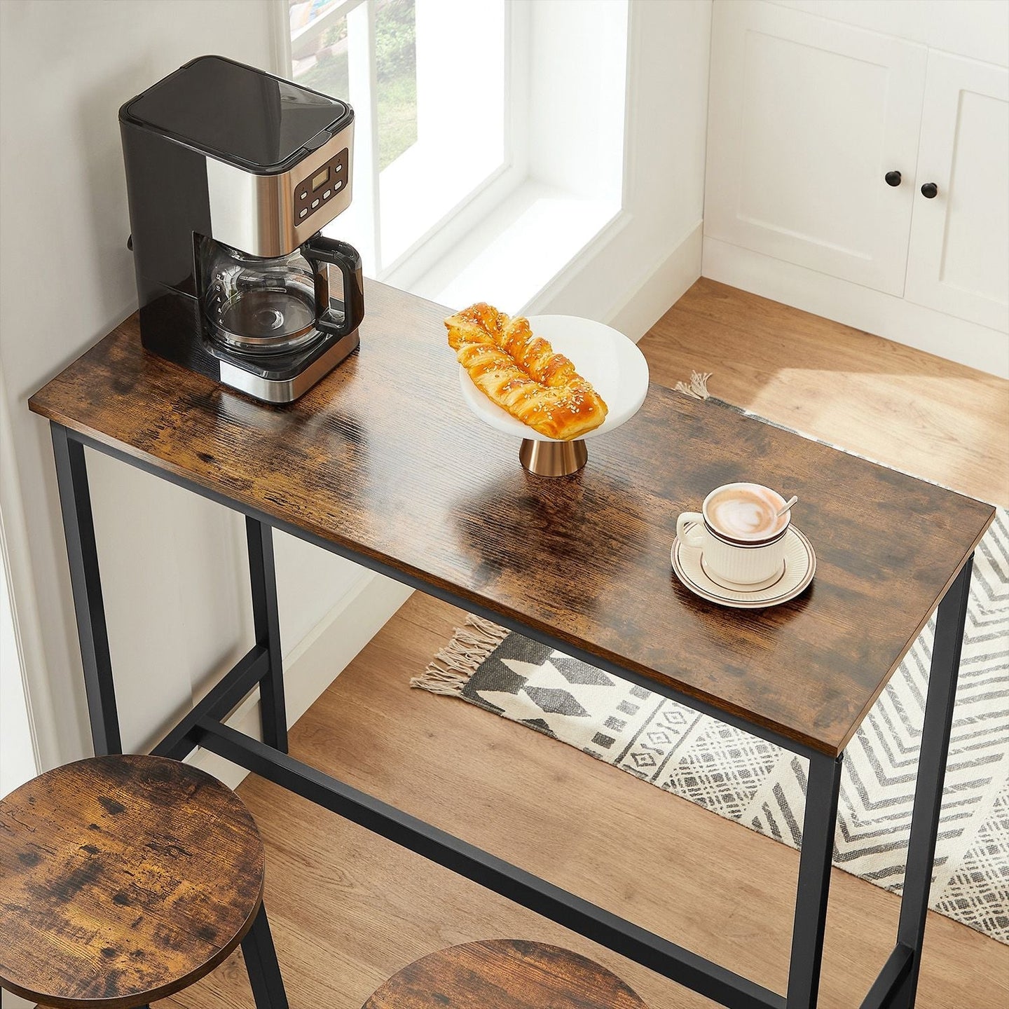 Bar Table Set - Industrial Steel Frame - Rustic Brown and Black - Includes Two Bar Stools