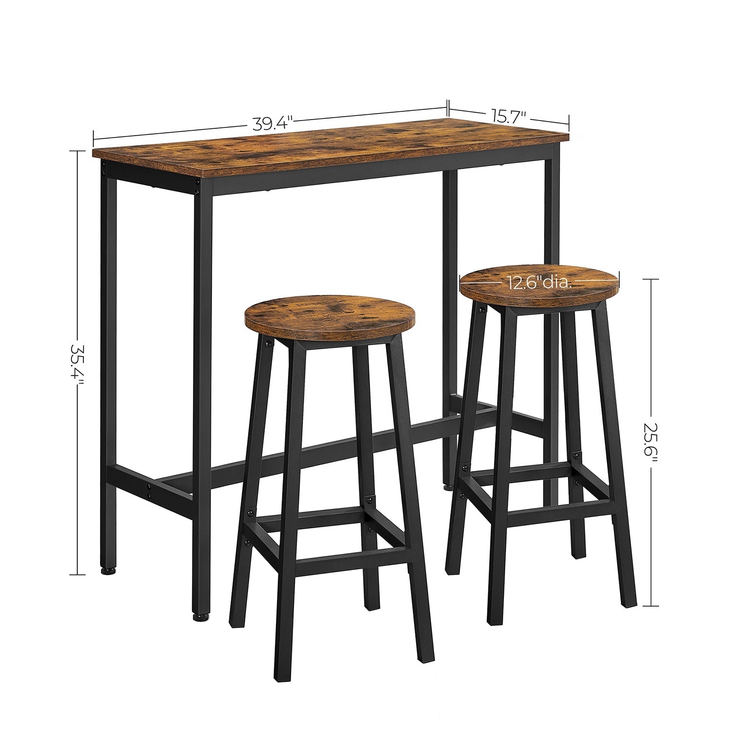 Bar Table Set - Industrial Steel Frame - Rustic Brown and Black - Includes Two Bar Stools