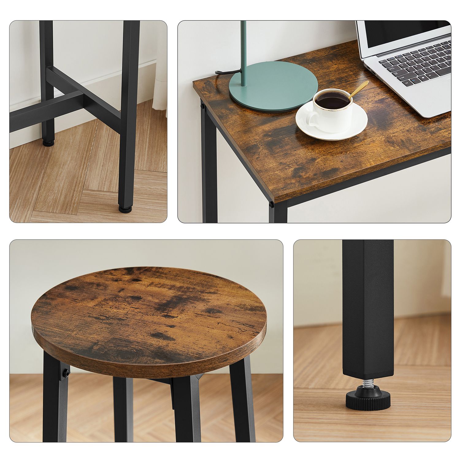 Bar Table Set - Industrial Steel Frame - Rustic Brown and Black - Includes Two Bar Stools