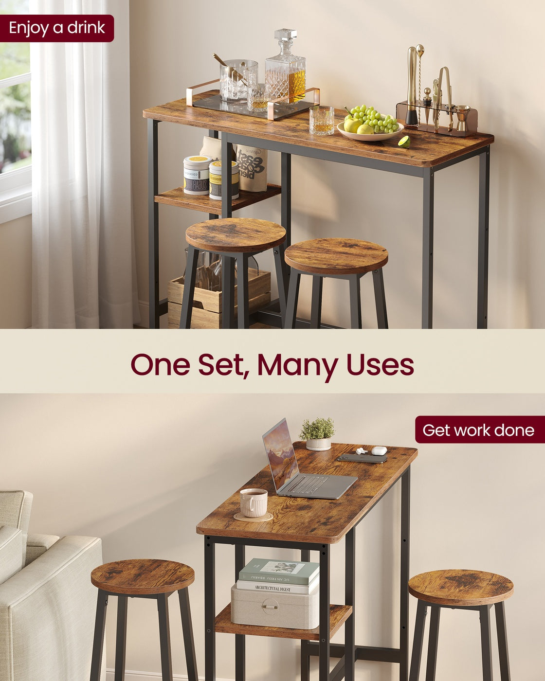 Bar Table Set with 2 Stools - 30L - Particleboard - Storage Shelves