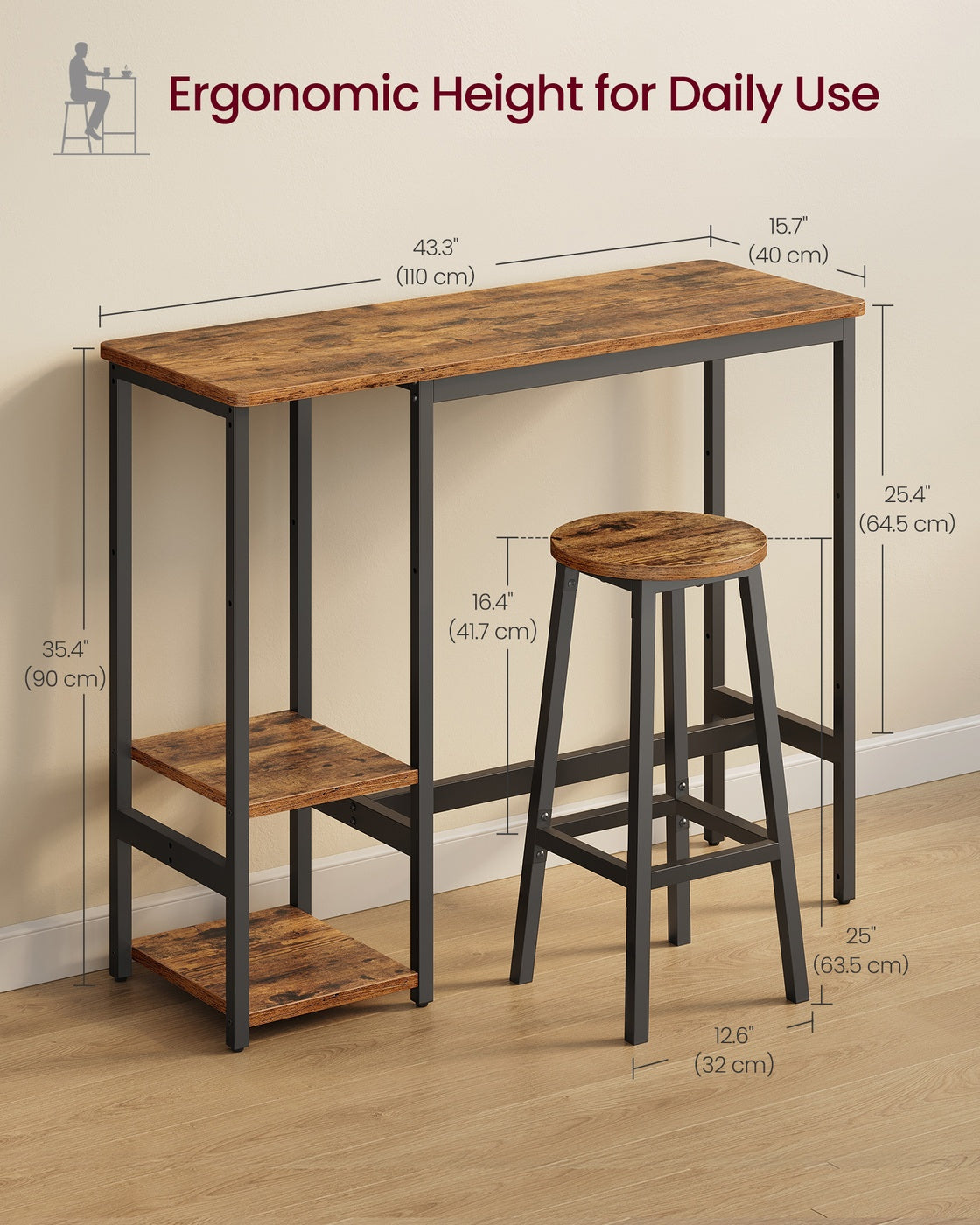 Bar Table Set with 2 Stools - 30L - Particleboard - Storage Shelves
