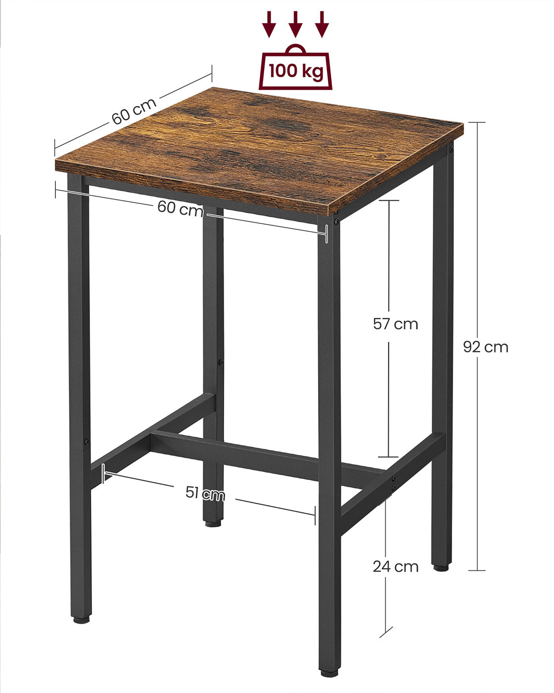 Bar Table - Steel Frame - Rustic Brown and Black - Square