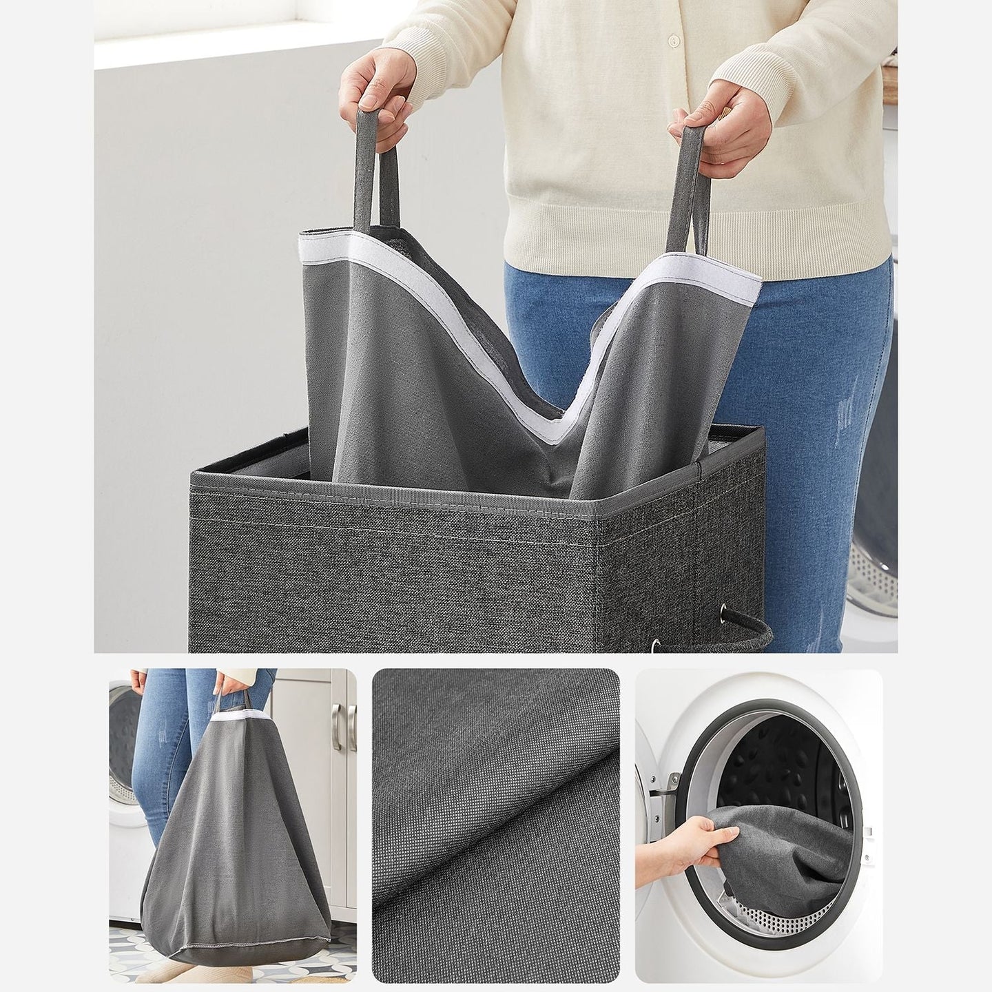 Laundry Basket - Linen-Look Fabric - Dark Grey - 85L Capacity with Magnetic Lid and Removable Liner Bag