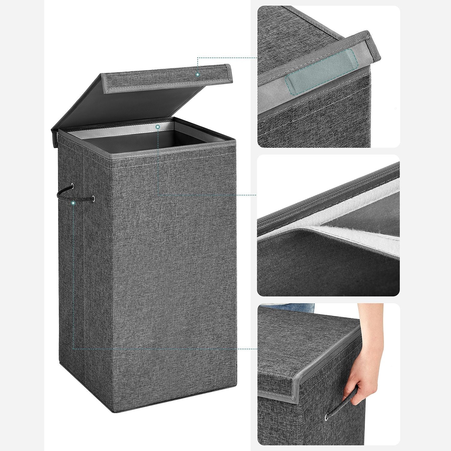 Laundry Basket - Linen-Look Fabric - Dark Grey - 85L Capacity with Magnetic Lid and Removable Liner Bag