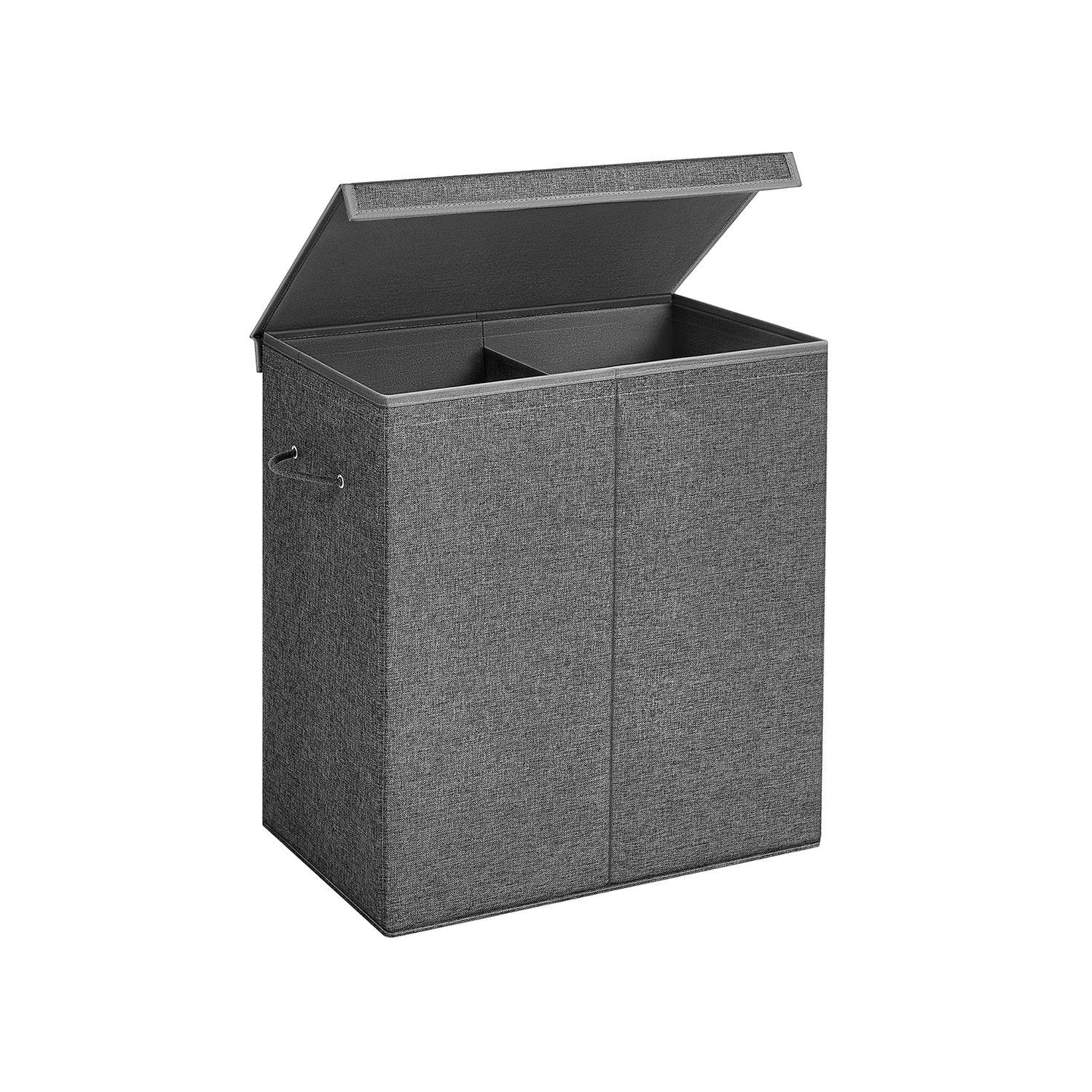 Laundry Basket - Linen-Look Fabric - Dark Grey - 2-Compartment with Magnetic Lid and Collapsible Design