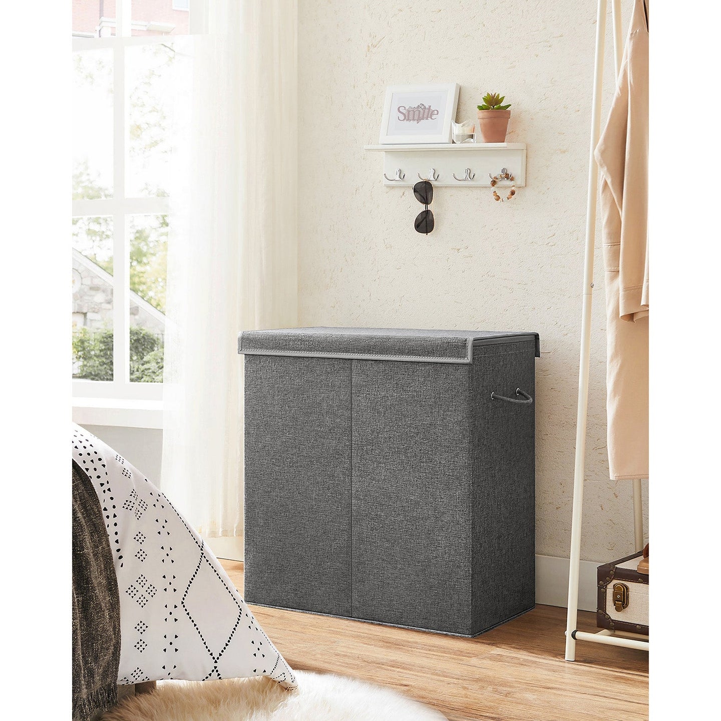 Laundry Basket - Linen-Look Fabric - Dark Grey - 2-Compartment with Magnetic Lid and Collapsible Design