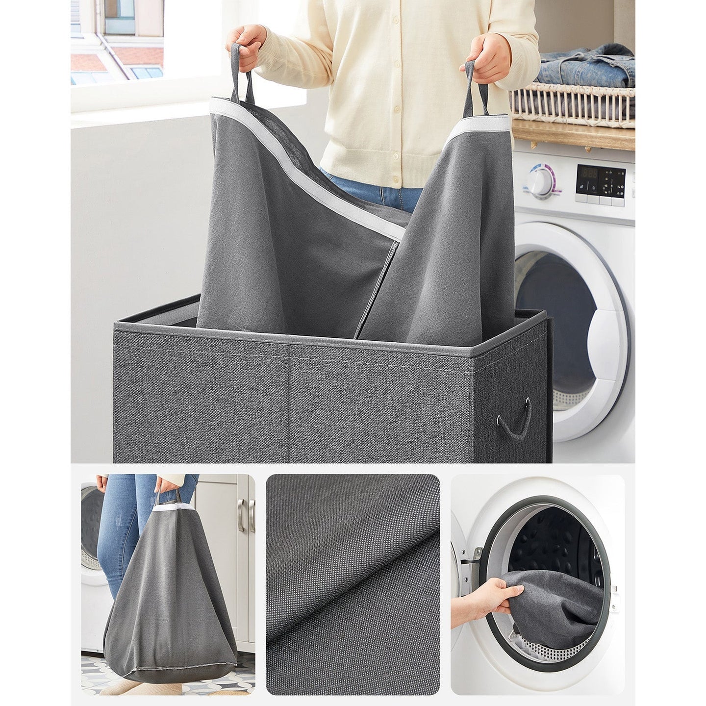 Laundry Basket - Linen-Look Fabric - Dark Grey - 2-Compartment with Magnetic Lid and Collapsible Design