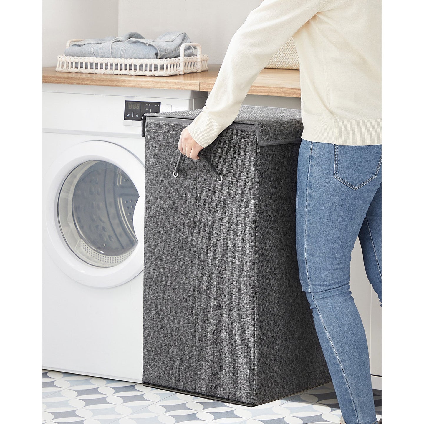 Laundry Basket - Linen-Look Fabric - Dark Grey - 2-Compartment with Magnetic Lid and Collapsible Design