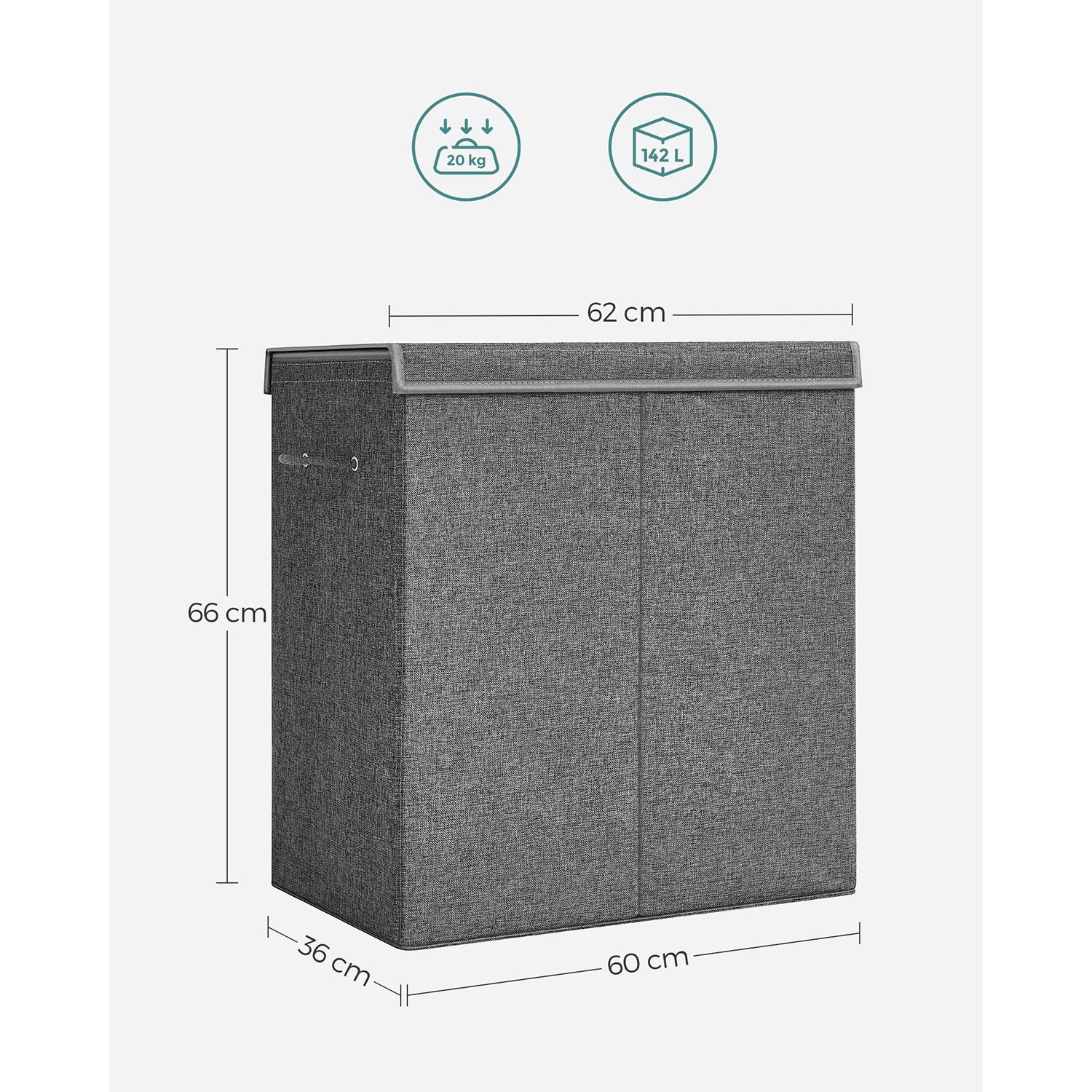 Laundry Basket - Linen-Look Fabric - Dark Grey - 2-Compartment with Magnetic Lid and Collapsible Design