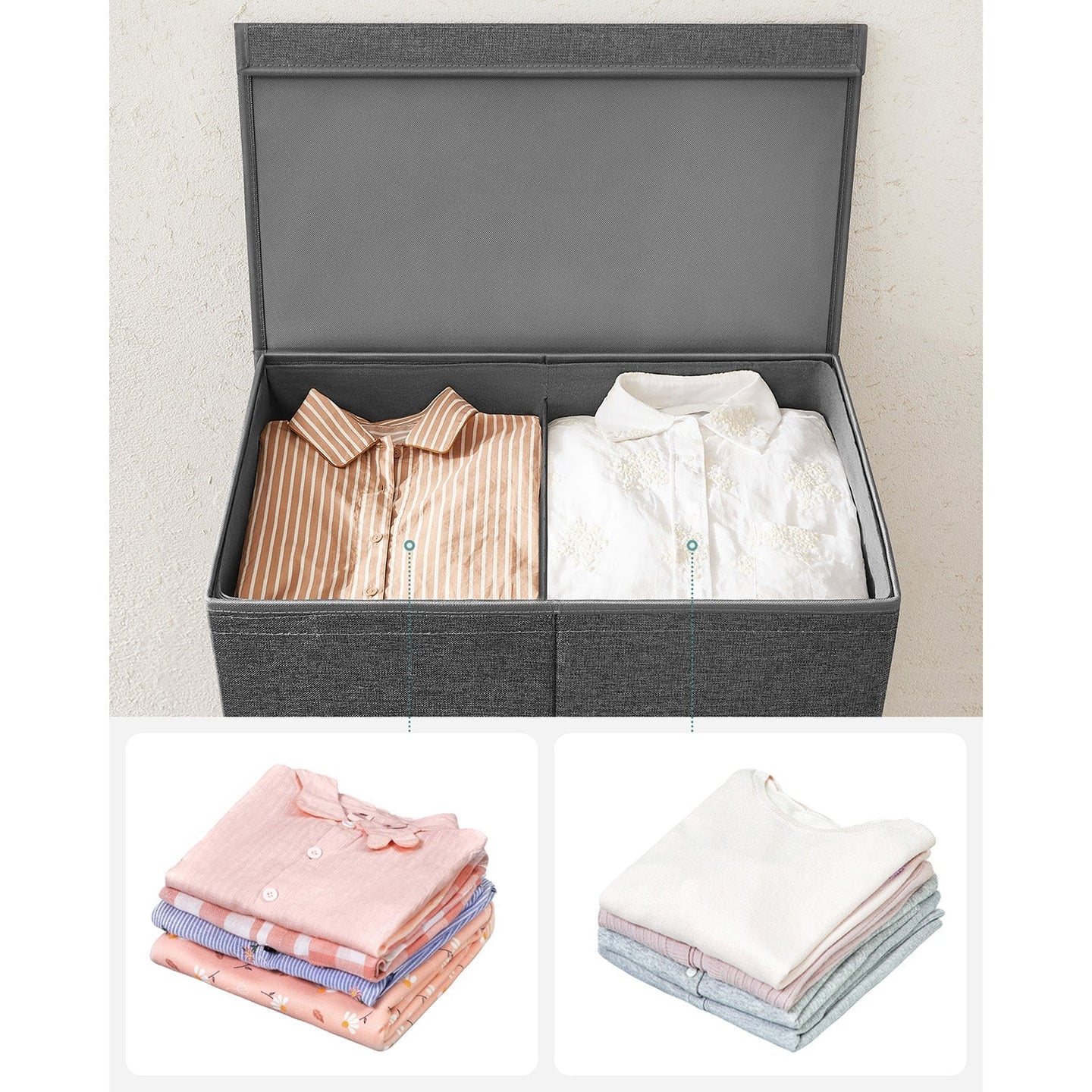 Laundry Basket - Linen-Look Fabric - Dark Grey - 2-Compartment with Magnetic Lid and Collapsible Design