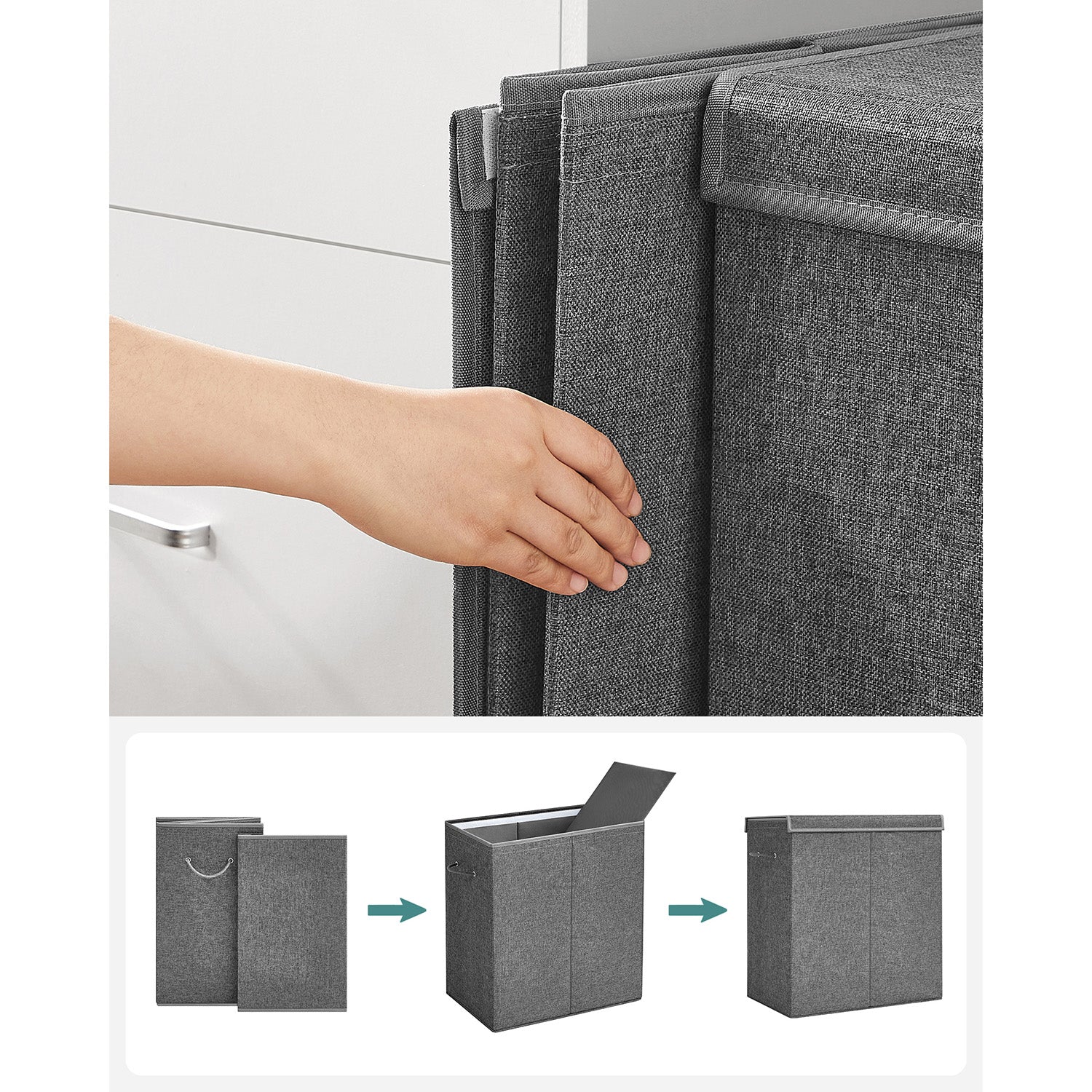 Laundry Basket - Linen-Look Fabric - Dark Grey - 2-Compartment with Magnetic Lid and Collapsible Design