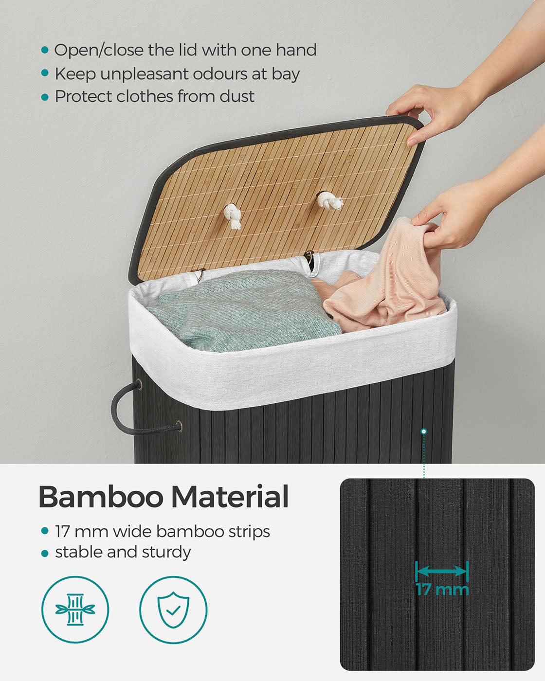 Foldable Laundry Basket - Bamboo - Natural - XL Capacity with Removable Washable Lining