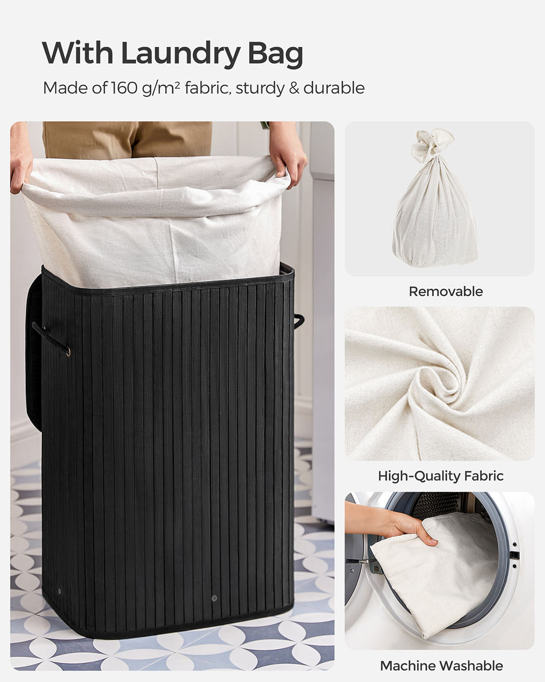 Foldable Laundry Basket - Bamboo - Natural - XL Capacity with Removable Washable Lining