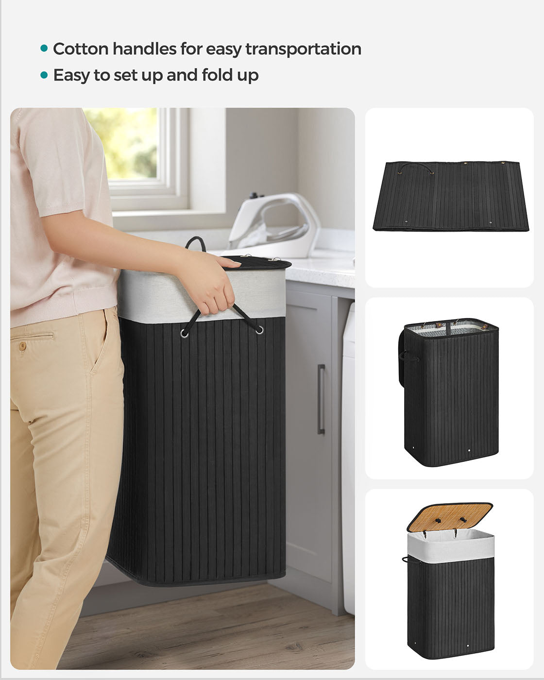 Foldable Laundry Basket - Bamboo - Natural - XL Capacity with Removable Washable Lining