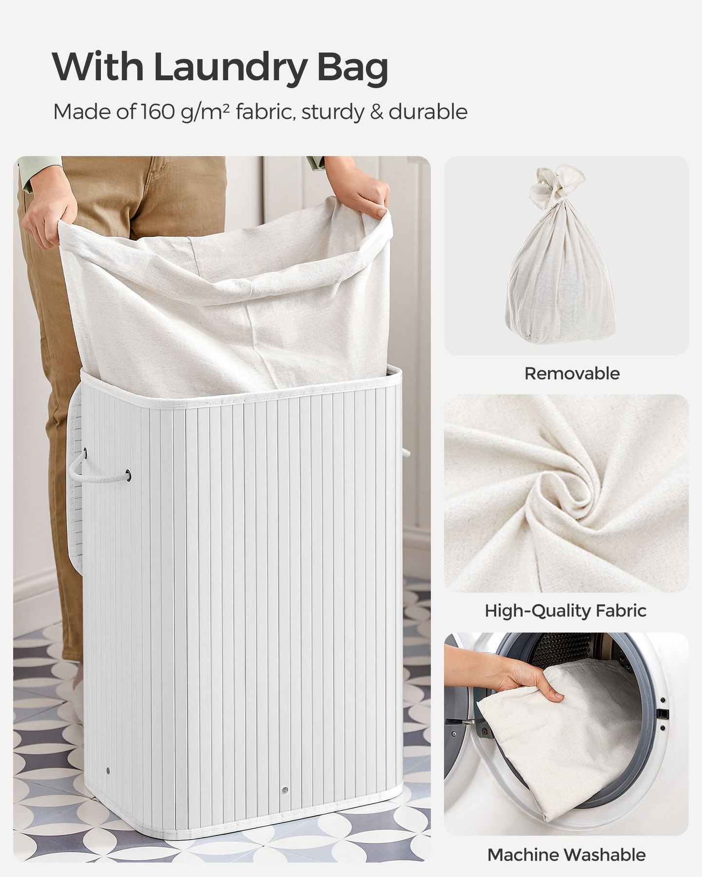 Laundry Basket - Bamboo - Cloud White - Foldable with 3 Handles