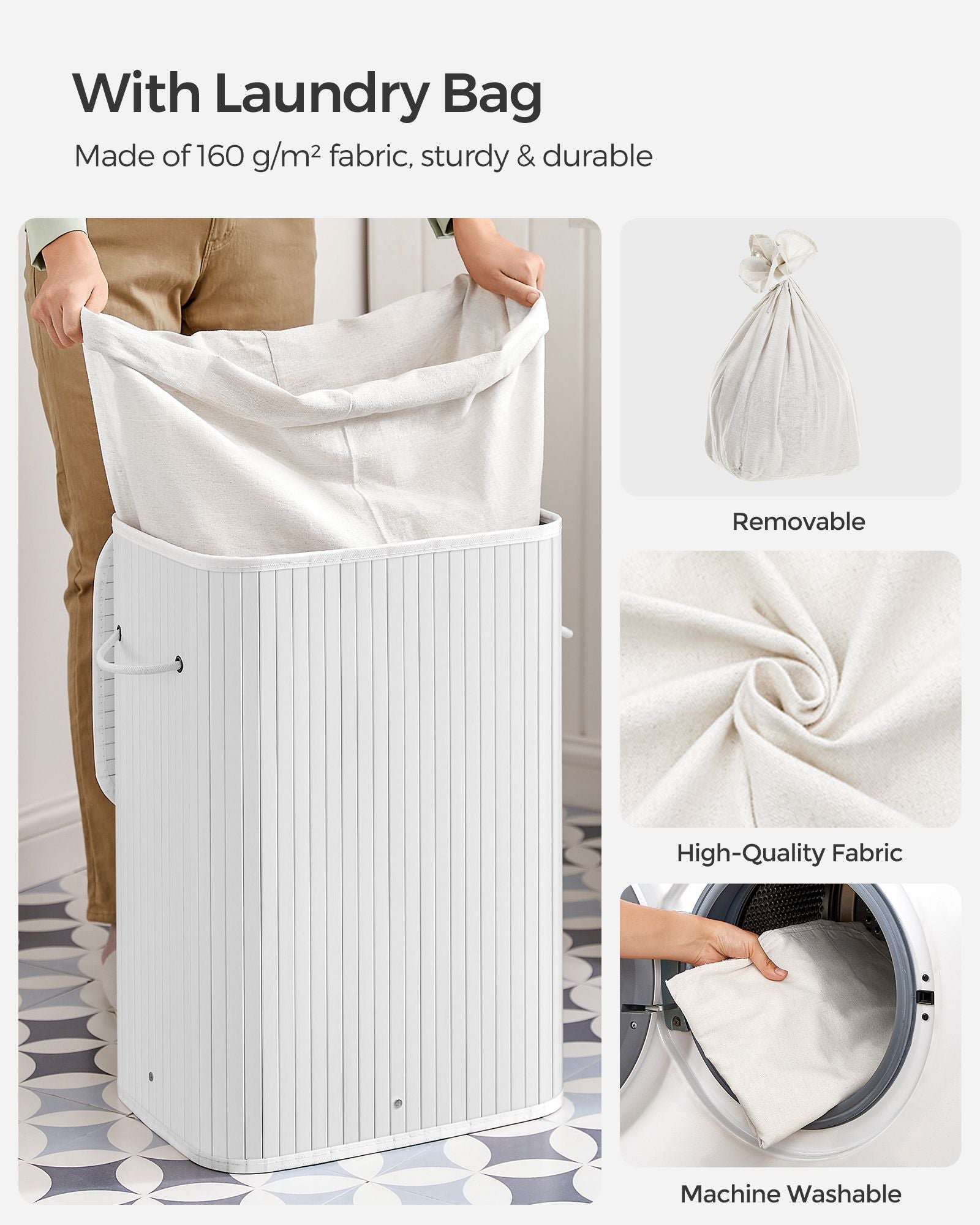 Laundry Basket - Bamboo - Cloud White - Foldable with 3 Handles