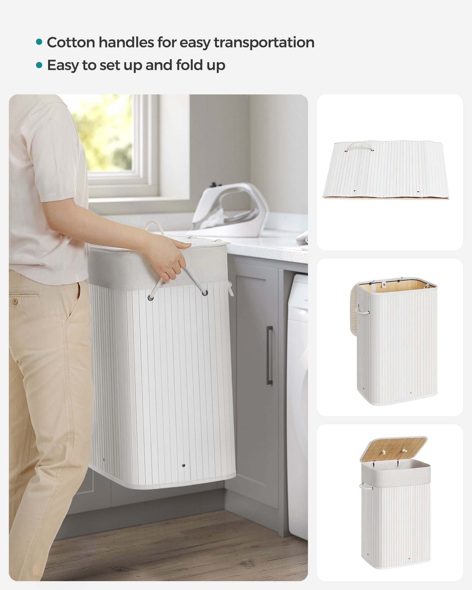 Laundry Basket - Bamboo - Cloud White - Foldable with 3 Handles