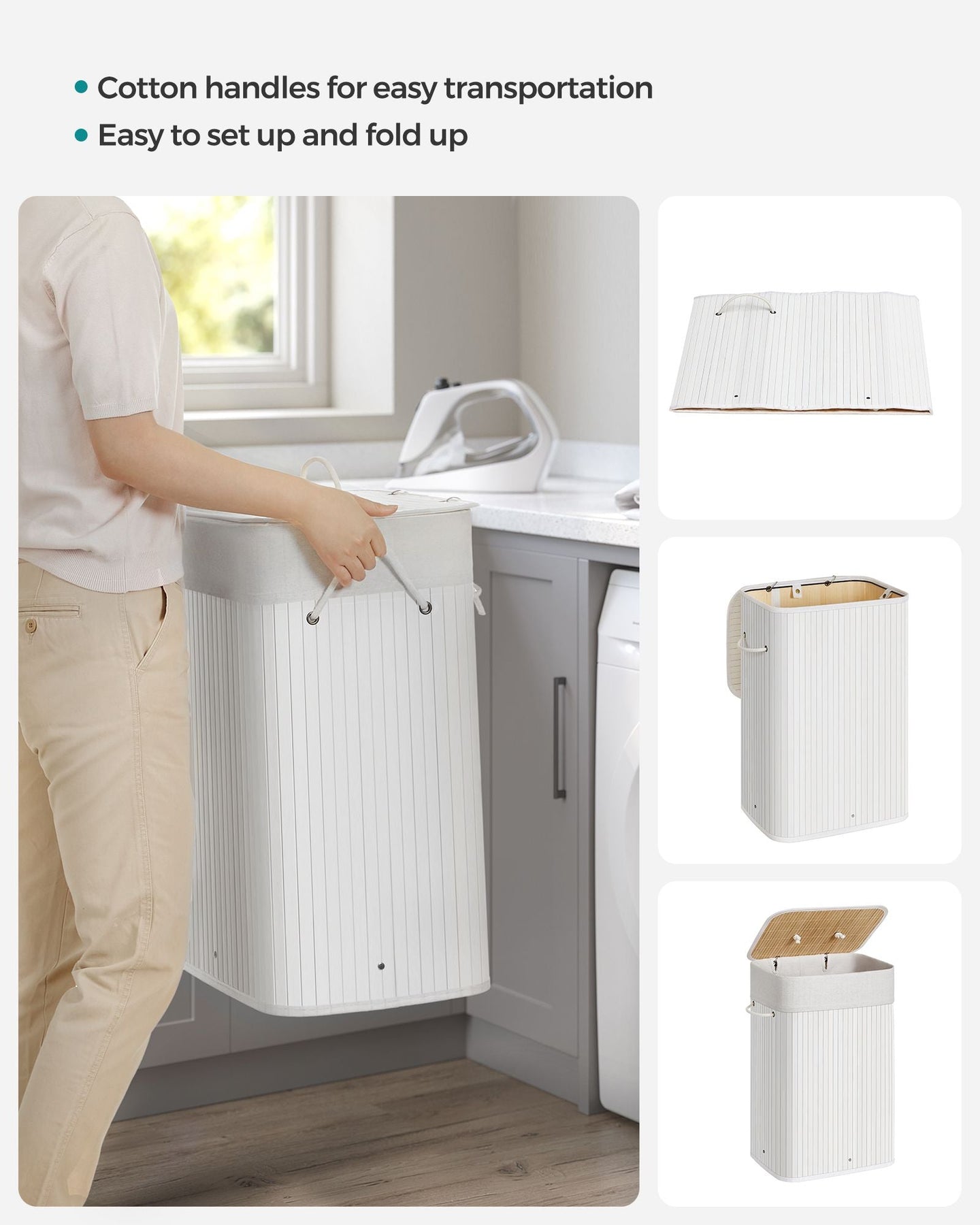 Laundry Basket - Bamboo - Cloud White - Foldable with 3 Handles