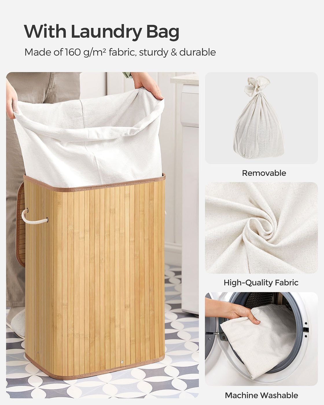 Bamboo Laundry Hamper - Natural - XL Foldable with Removable Washable Lining