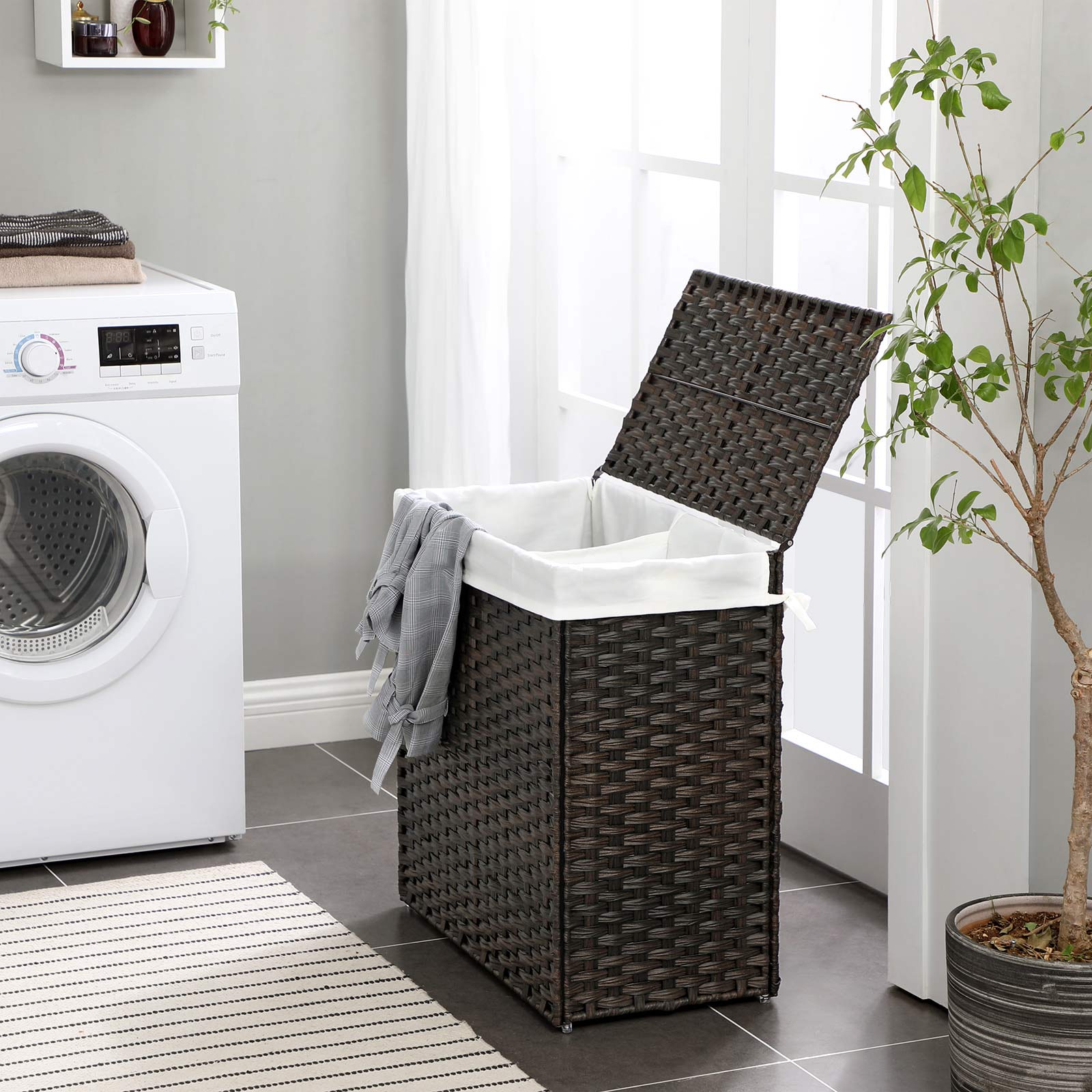 Handwoven Clothes Hamper - Synthetic Rattan - Brown - 90L Capacity with Lid and Handles