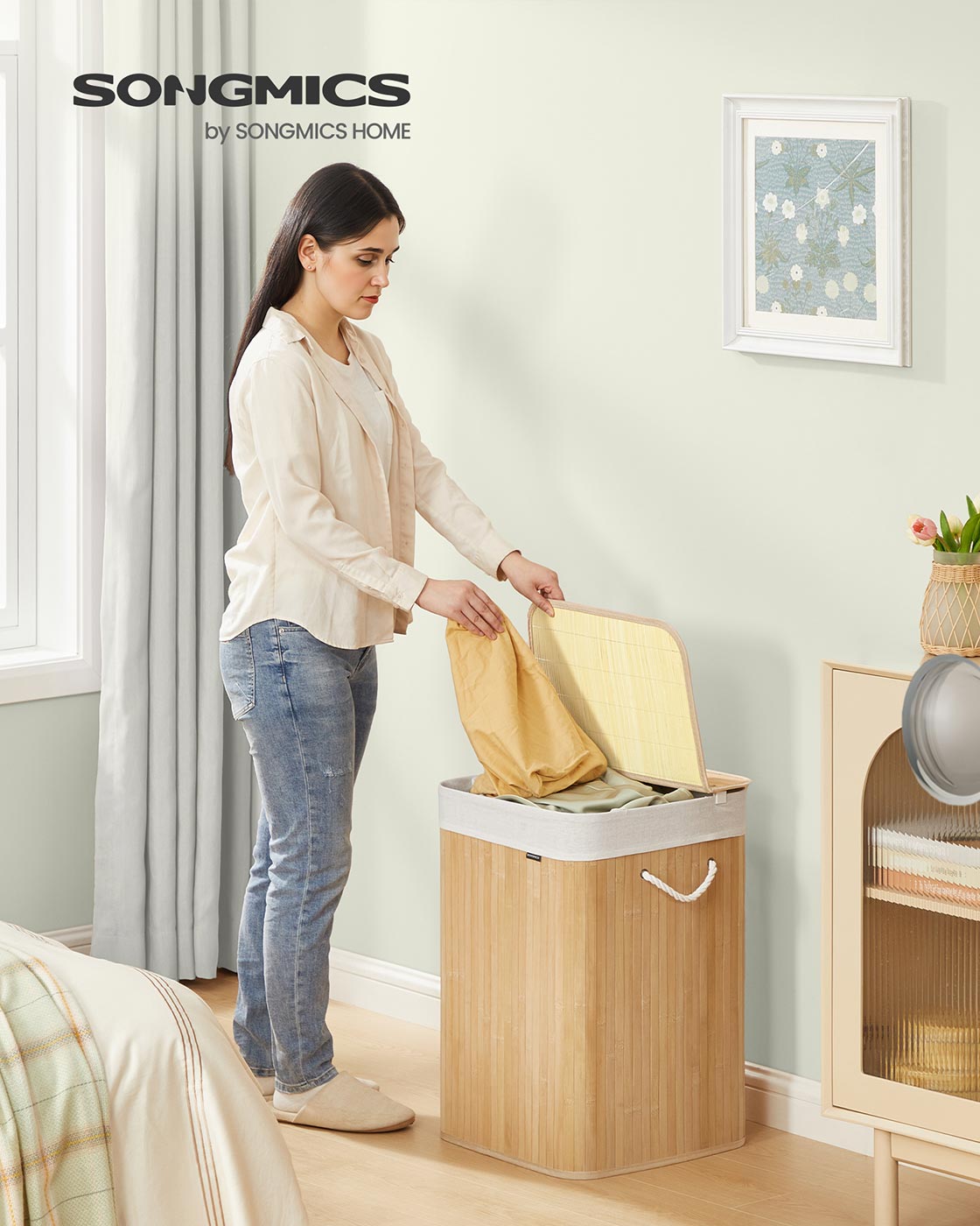 Laundry Basket - Bamboo - Natural - 95 L Capacity with Foldable Design and Removable Machine Washable Liner