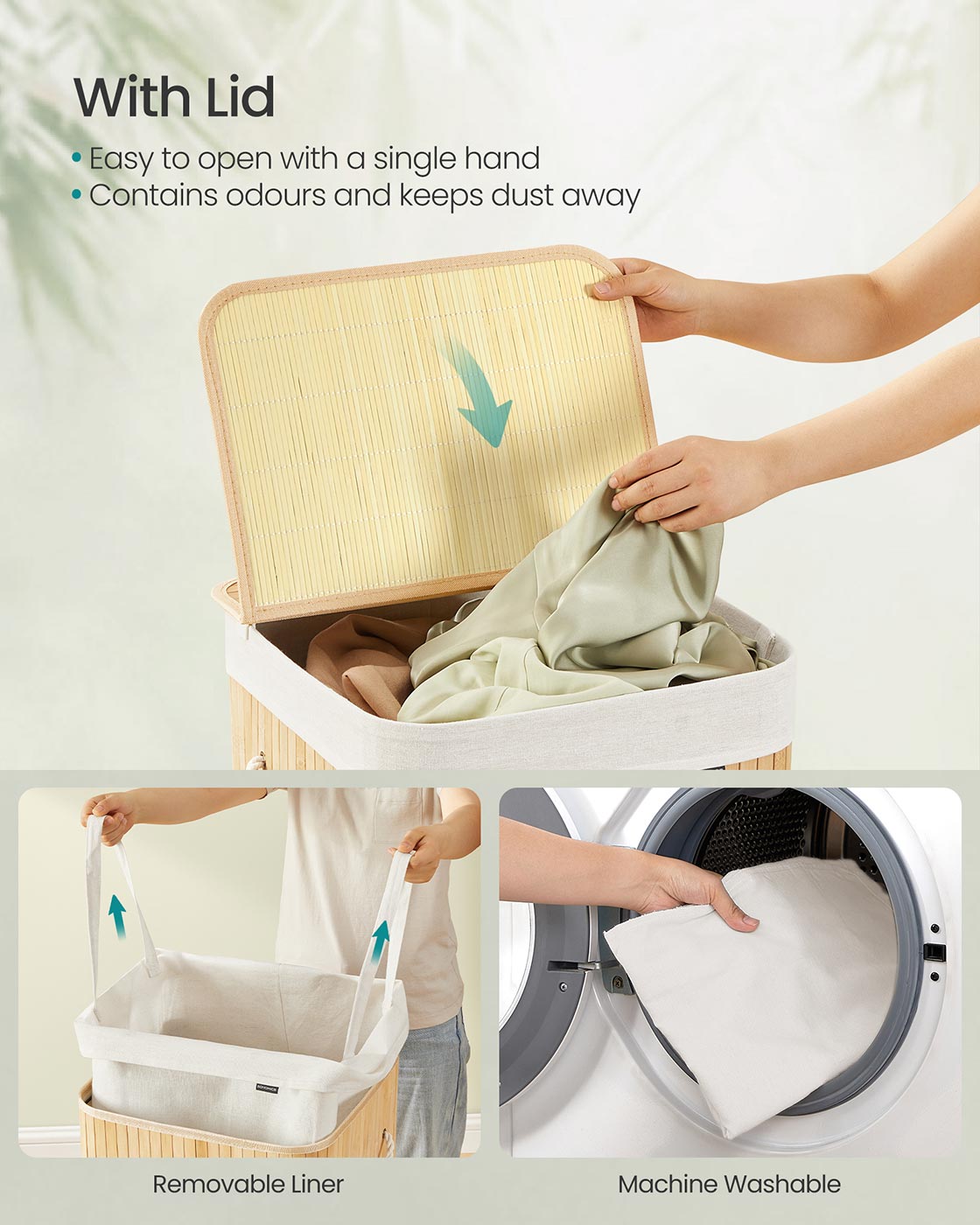 Laundry Basket - Bamboo - Natural - 95 L Capacity with Foldable Design and Removable Machine Washable Liner