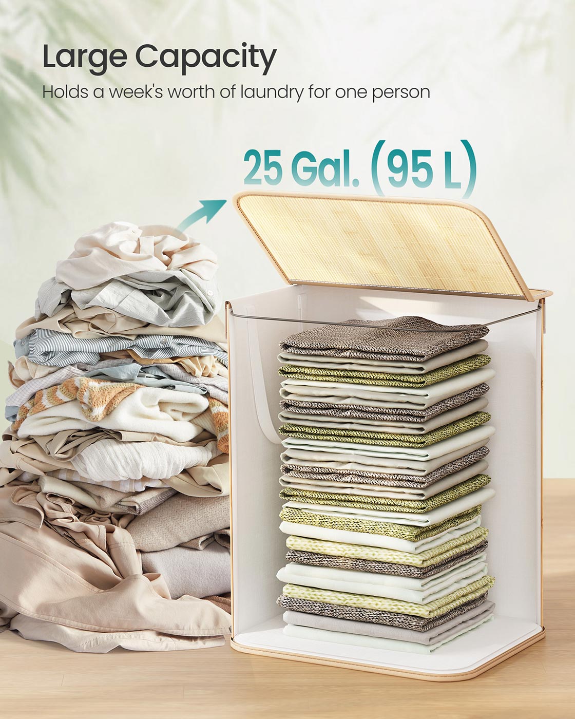 Laundry Basket - Bamboo - Natural - 95 L Capacity with Foldable Design and Removable Machine Washable Liner