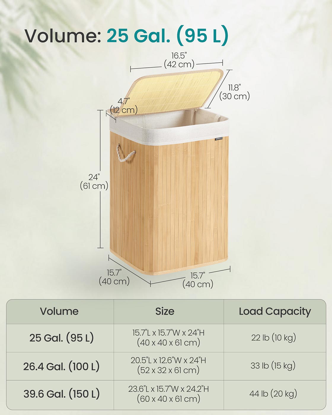 Laundry Basket - Bamboo - Natural - 95 L Capacity with Foldable Design and Removable Machine Washable Liner