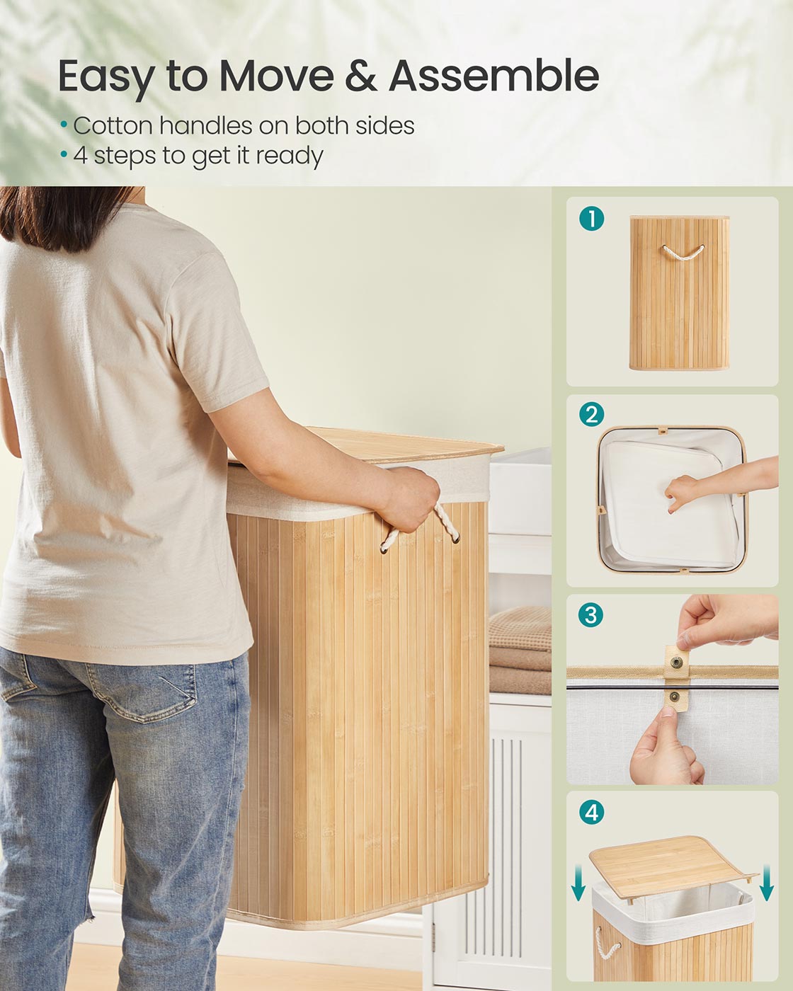 Laundry Basket - Bamboo - Natural - 95 L Capacity with Foldable Design and Removable Machine Washable Liner
