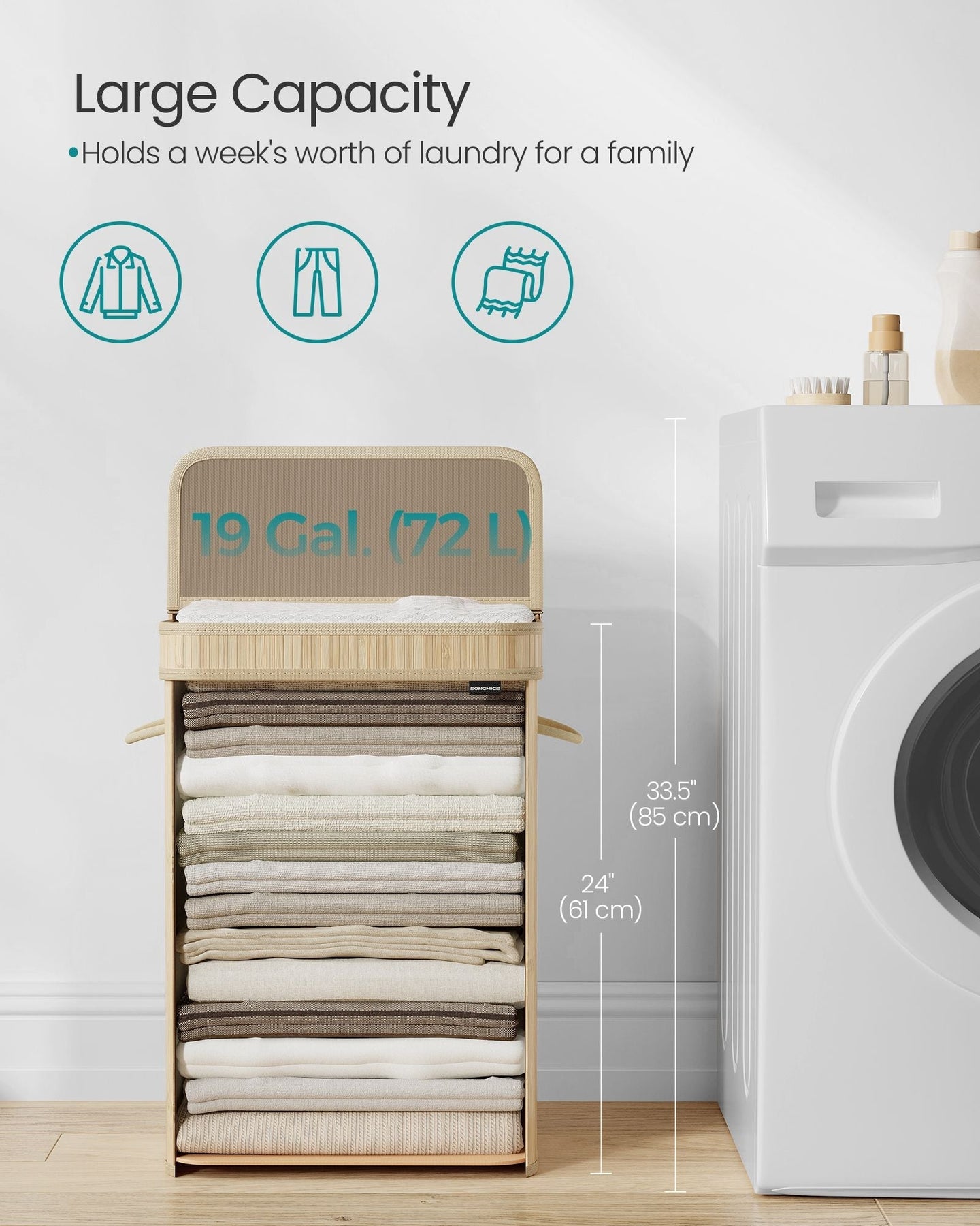 Laundry Hamper - Bamboo - Natural Beige - Removable and Washable with Lid and Handles