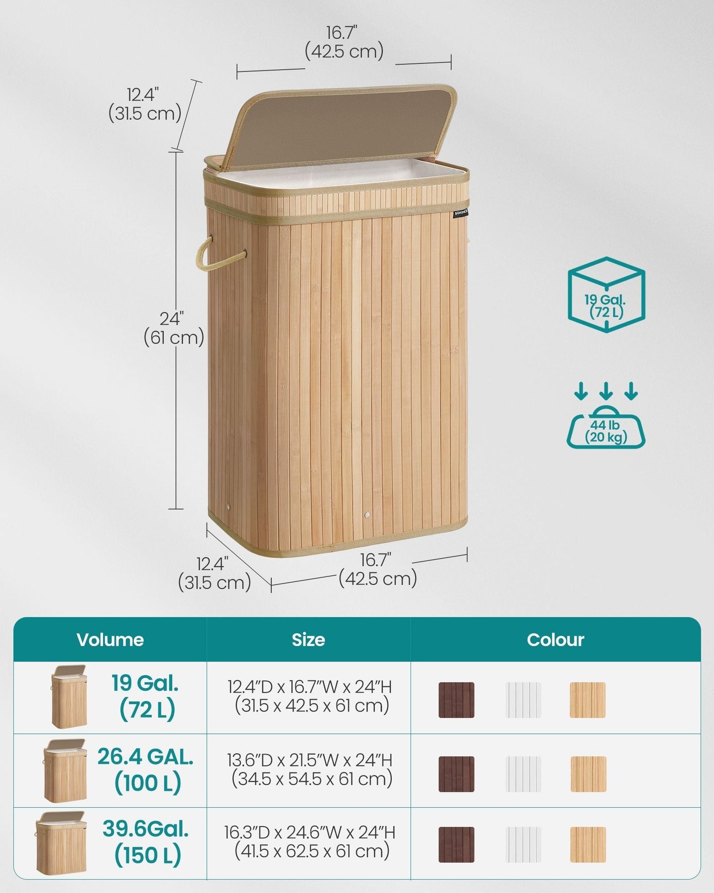 Laundry Hamper - Bamboo - Natural Beige - Removable and Washable with Lid and Handles