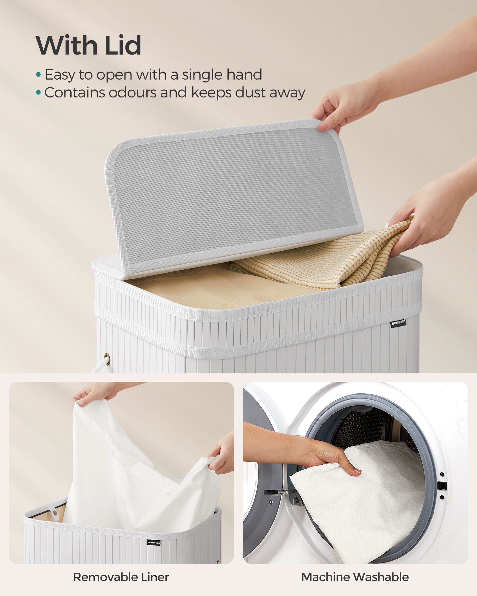 Laundry Hamper - Bamboo - Cloud White - Removable Lid with Handles