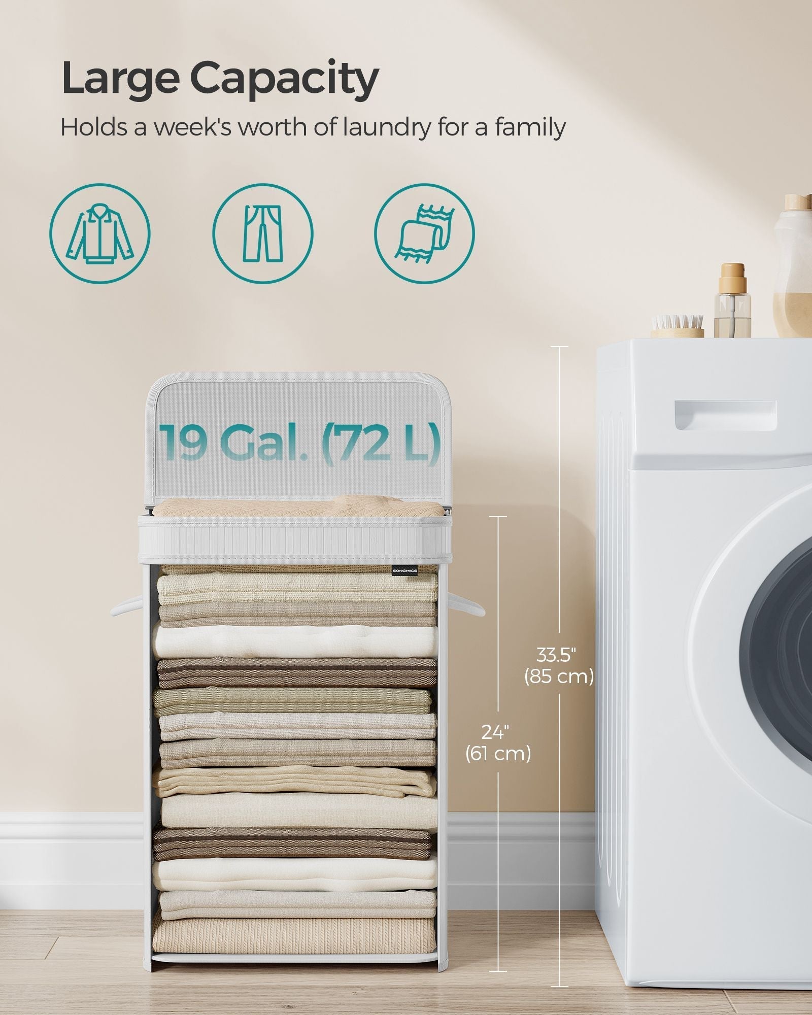 Laundry Hamper - Bamboo - Cloud White - Removable Lid with Handles