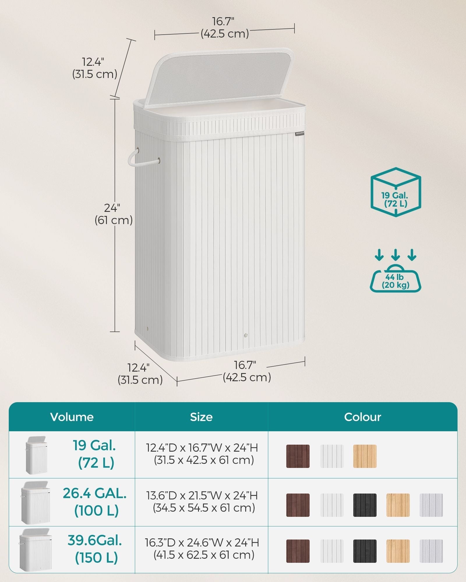 Laundry Hamper - Bamboo - Cloud White - Removable Lid with Handles