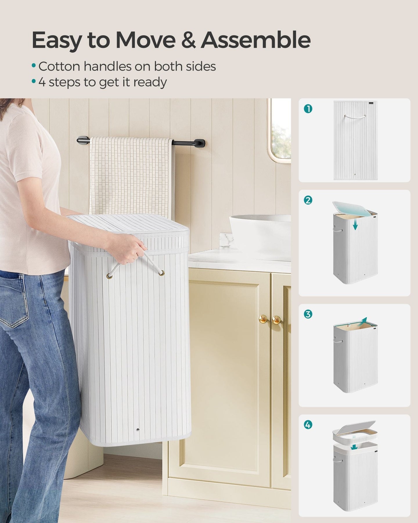 Laundry Hamper - Bamboo - Cloud White - Removable Lid with Handles