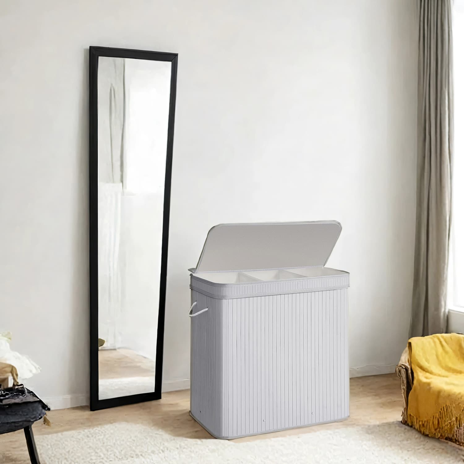 Bamboo Laundry Basket - 100 L - Grey - Lid and Removable Machine Washable with Handles