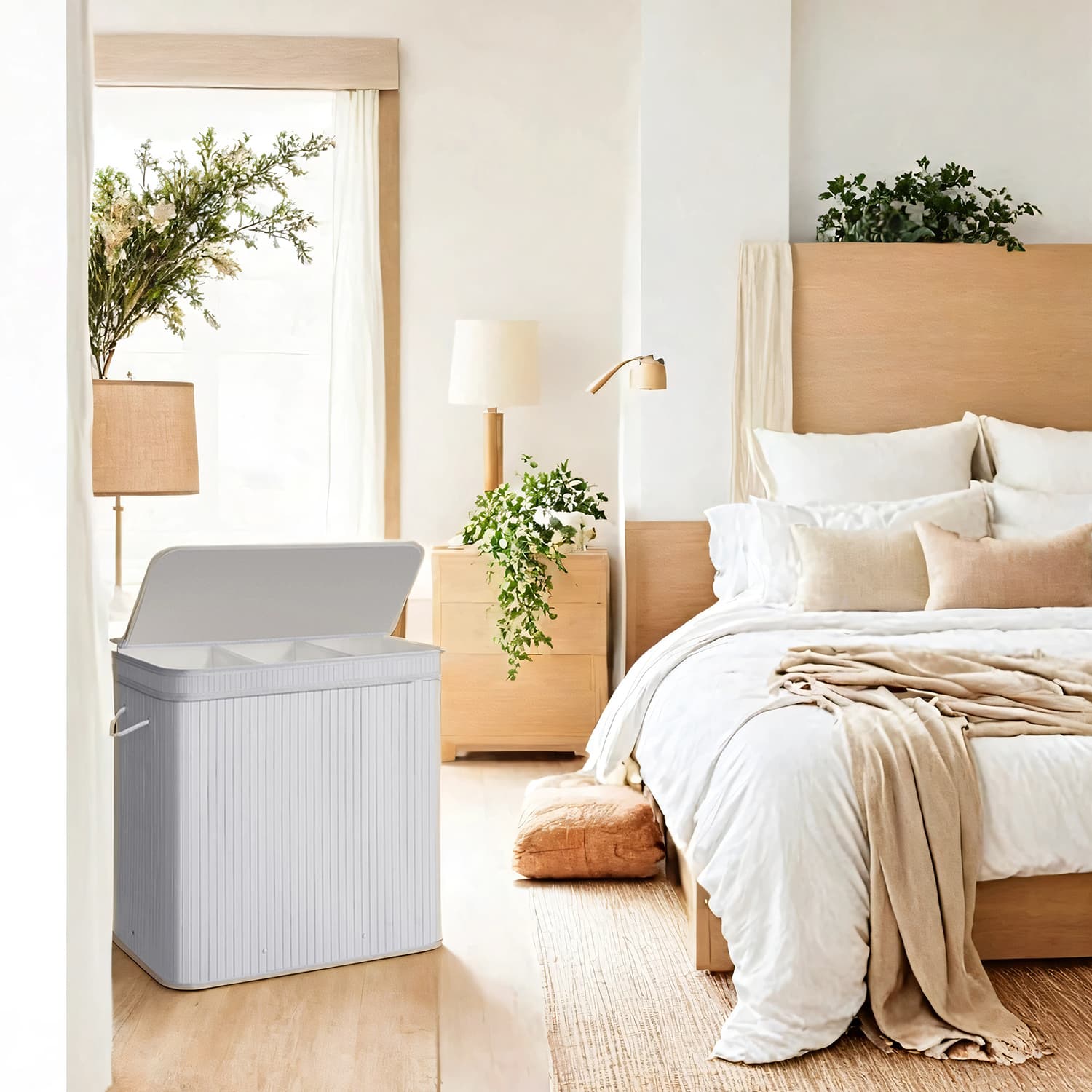 Bamboo Laundry Basket - 100 L - Grey - Lid and Removable Machine Washable with Handles
